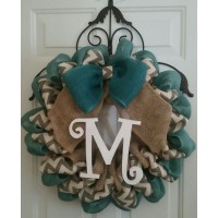  Turquoise,Chevron,Natural Burlap Wreath /Personalized 22"   360837250362